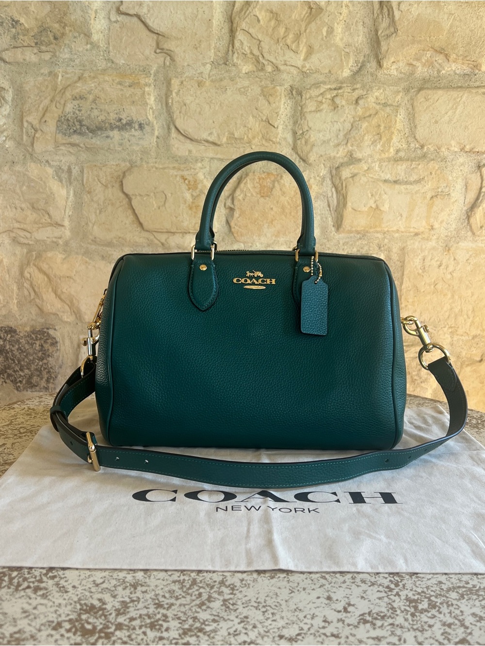 Coach Rowan Large Satchel in Teal Green with Gold Hardware pebbled leather NWT
